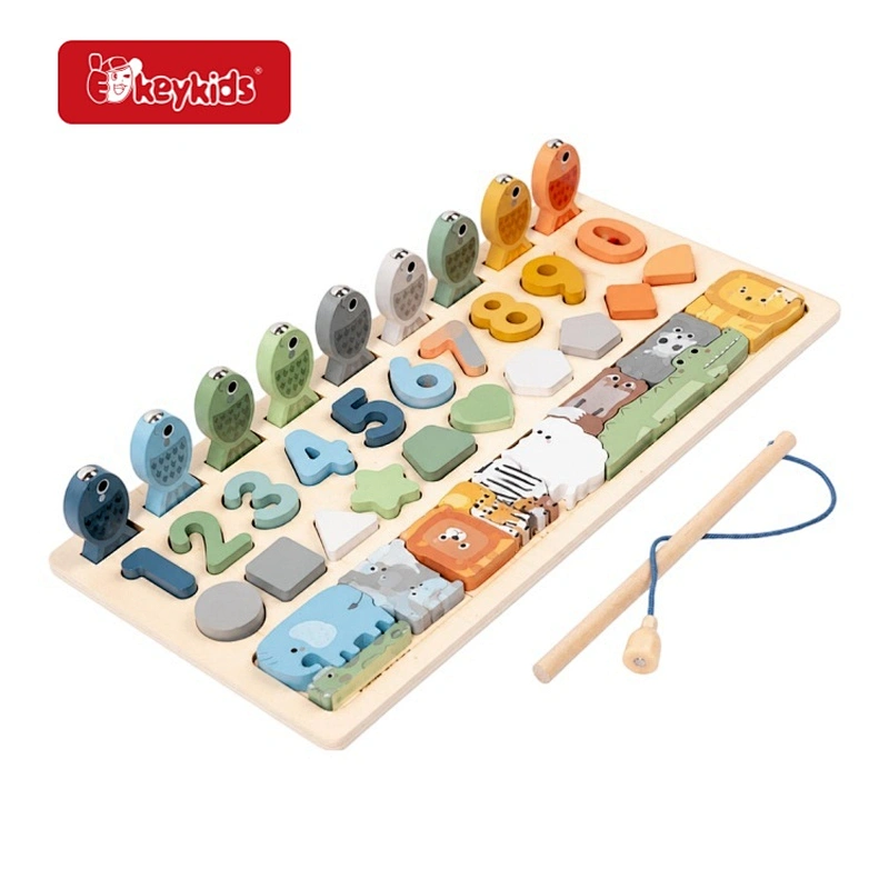 Multifunctional Wooden Fishing Game Board Number Shape Animal Matching Sorting Puzzle Educational Counting Learning Toy W14A434